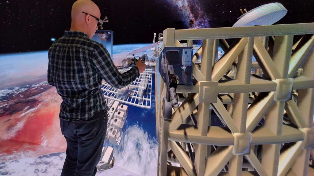 Man in front of augmented reality LED screen 