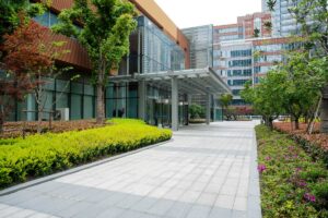Beautiful modern campus with plentiful greenery and campus security solutions in place