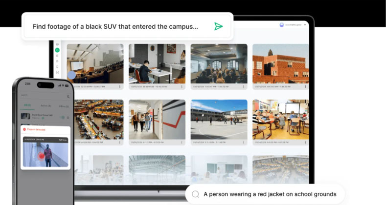 Graphic of Coram AI interface, allowing the user to search for security incidents such as "search for a black SUV"